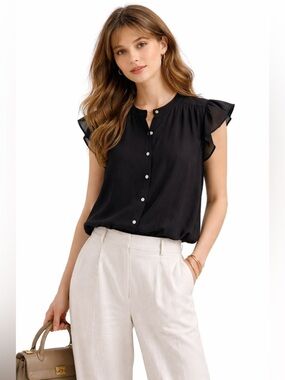 J. Crew Black Sheer Ruffle Sleeve Blouse S Minimalist Quiet Luxury Chic Top